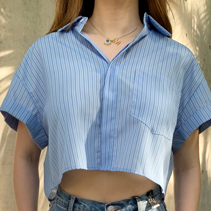 CAMISA CORTA AZUL CON RAYAS