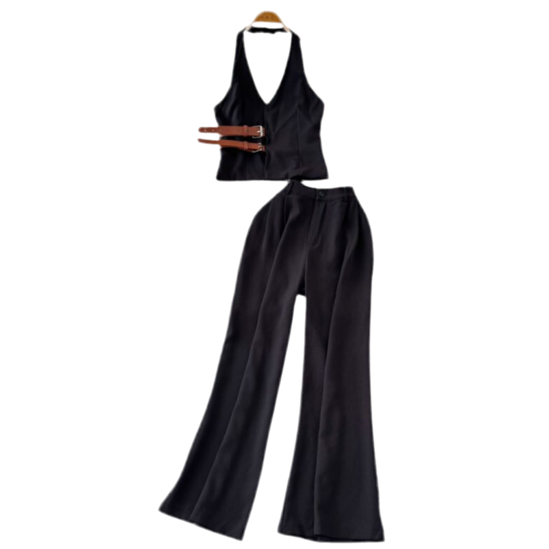 CONJUNTO CHALECO NEGRO CON CINTOS Y PANTALÓN NEGRO