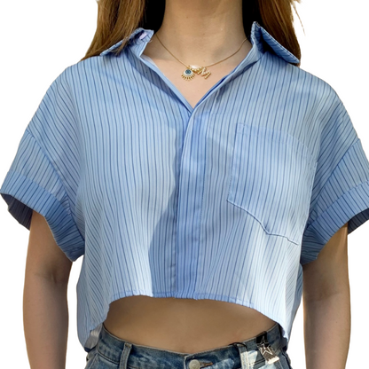 CAMISA CORTA AZUL CON RAYAS