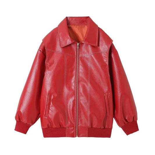 CHAMARRA BOMBER EFECTO PIEL ROJA