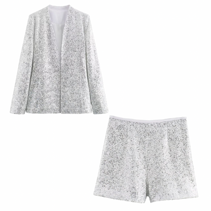 CONJUNTO LENTEJUELA PLATA BLAZER + SHORT