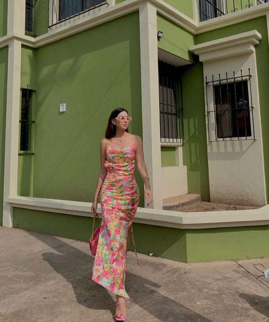 VESTIDO LARGO ESTAMPADO FLORAL ROSA, AMARILLO Y VERDE