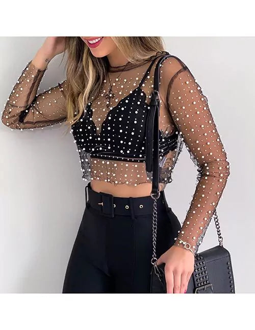 BLUSA MESH PERLAS COLOR NEGRO