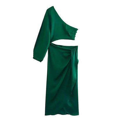 VESTIDO ASIMETRICO DE UNA MANGA CON CUTOUT VERDE