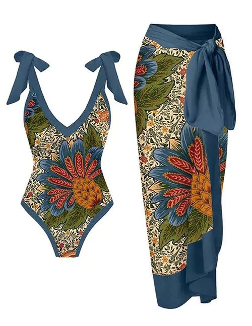 MONOKINI AZUL CON ESTAMPADO FLOR CON PAREO