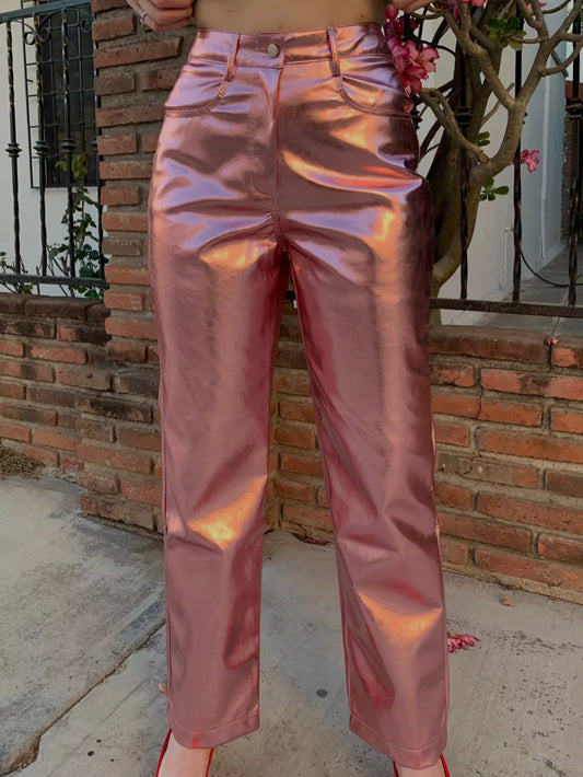 PANTALON METALICO ROSA BAJITO